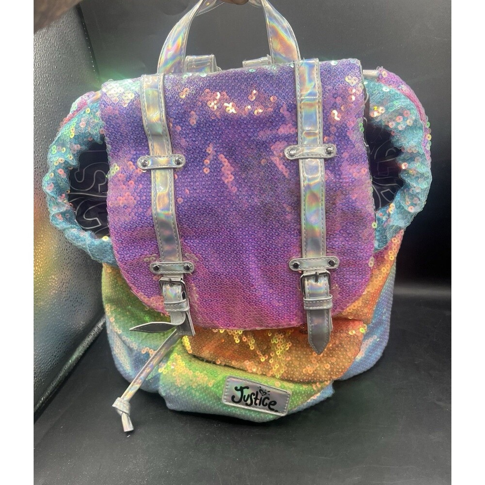 JUSTICE BRIGHT MULTI COLOR RAINBOW FLIP SEQUINS RUCKSACK/BACKPACK SPARKLY CUTE